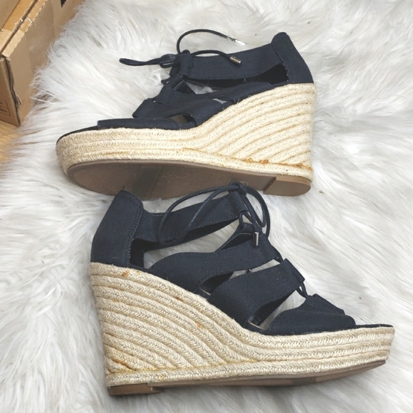 Merona Lace up Wedge Espadrilles Size 8.5 Women's Black Canvas Straps - Picture 1 of 10
